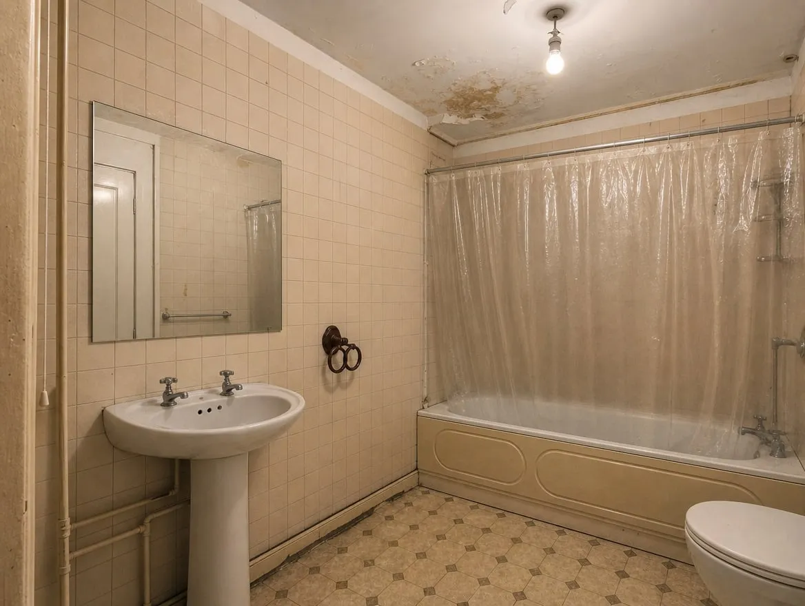 Avant : Baignoire, faïence beige et lavabo sur colonne remplacés par une douche à l'italienne et un meuble double vasque.