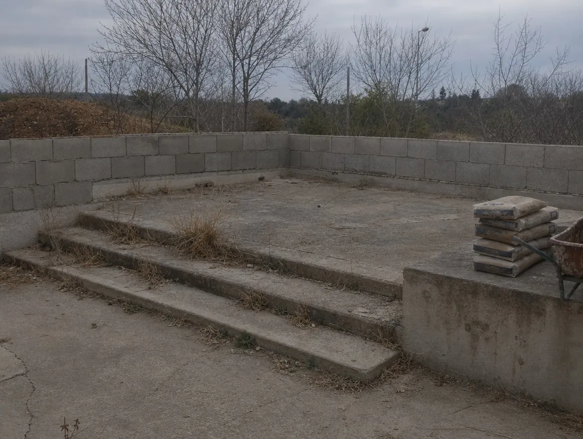 Avant : La dalle béton brute et son mur en parpaings, avant la pose du travertin et la maçonnerie de la banquette.