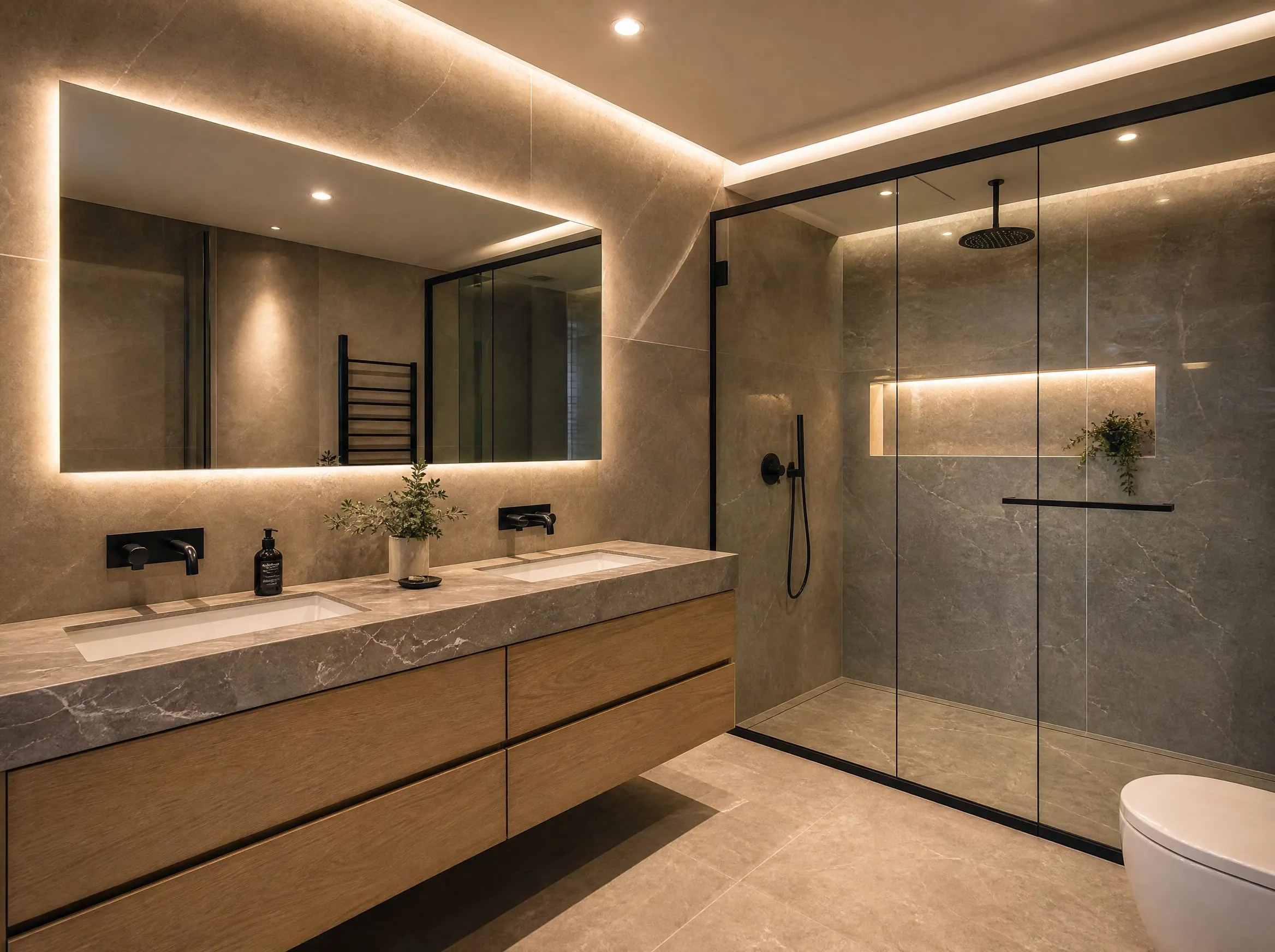 Salle de bains en marbre et bois