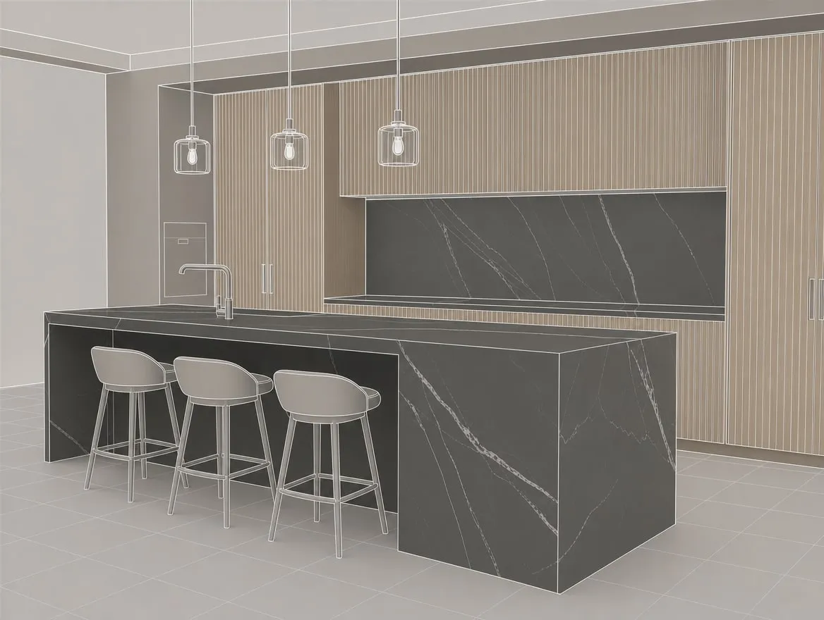 Plan 3D : Le plan 3D validé par le client avant fabrication, et la cuisine posée.