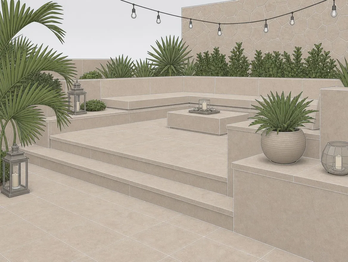 Plan 3D : Le plan 3D de l'aménagement extérieur, et la terrasse livrée.