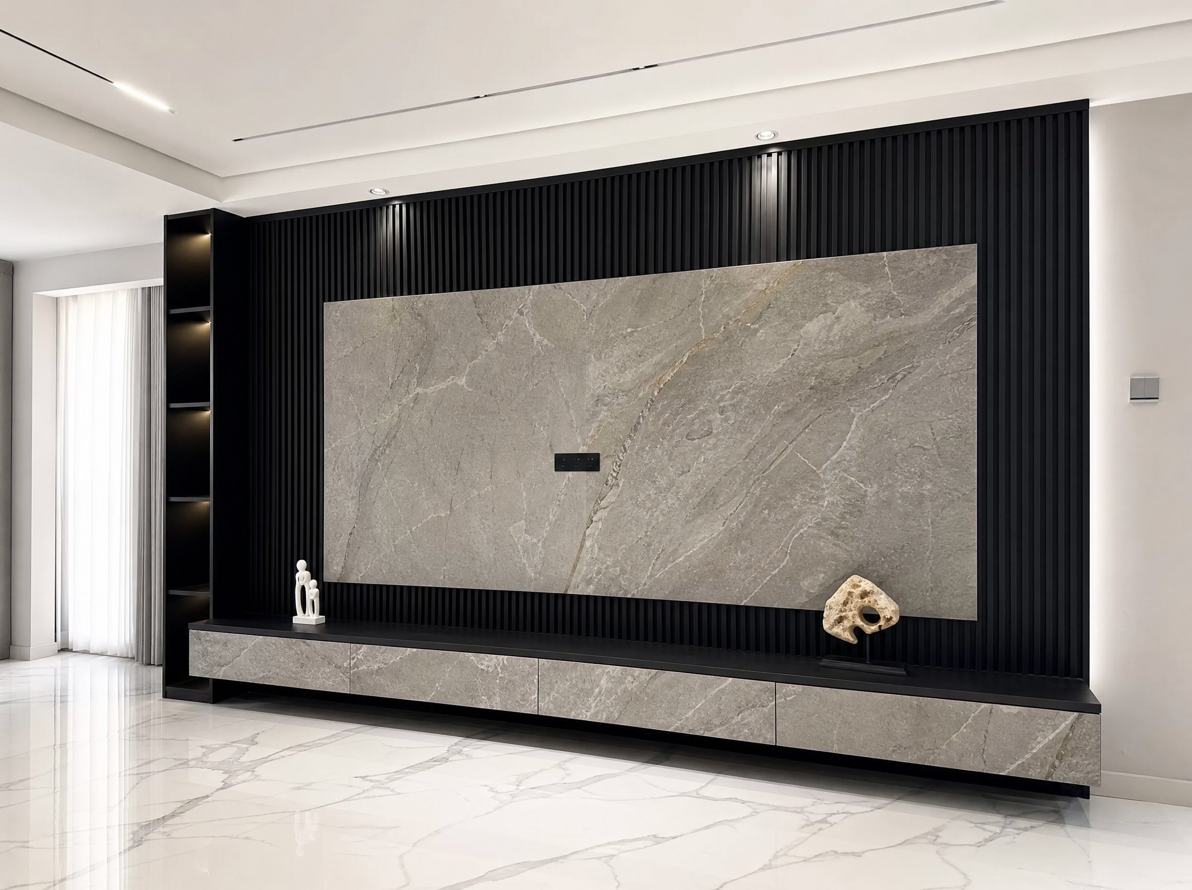Salon rénové et lumineux avec mobilier en bois